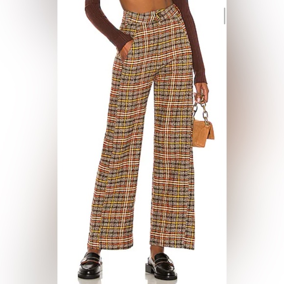 Free People Shape Up Plaid Trousers Size 10 Brown High Rise Retro Preppy - Picture 1 of 6